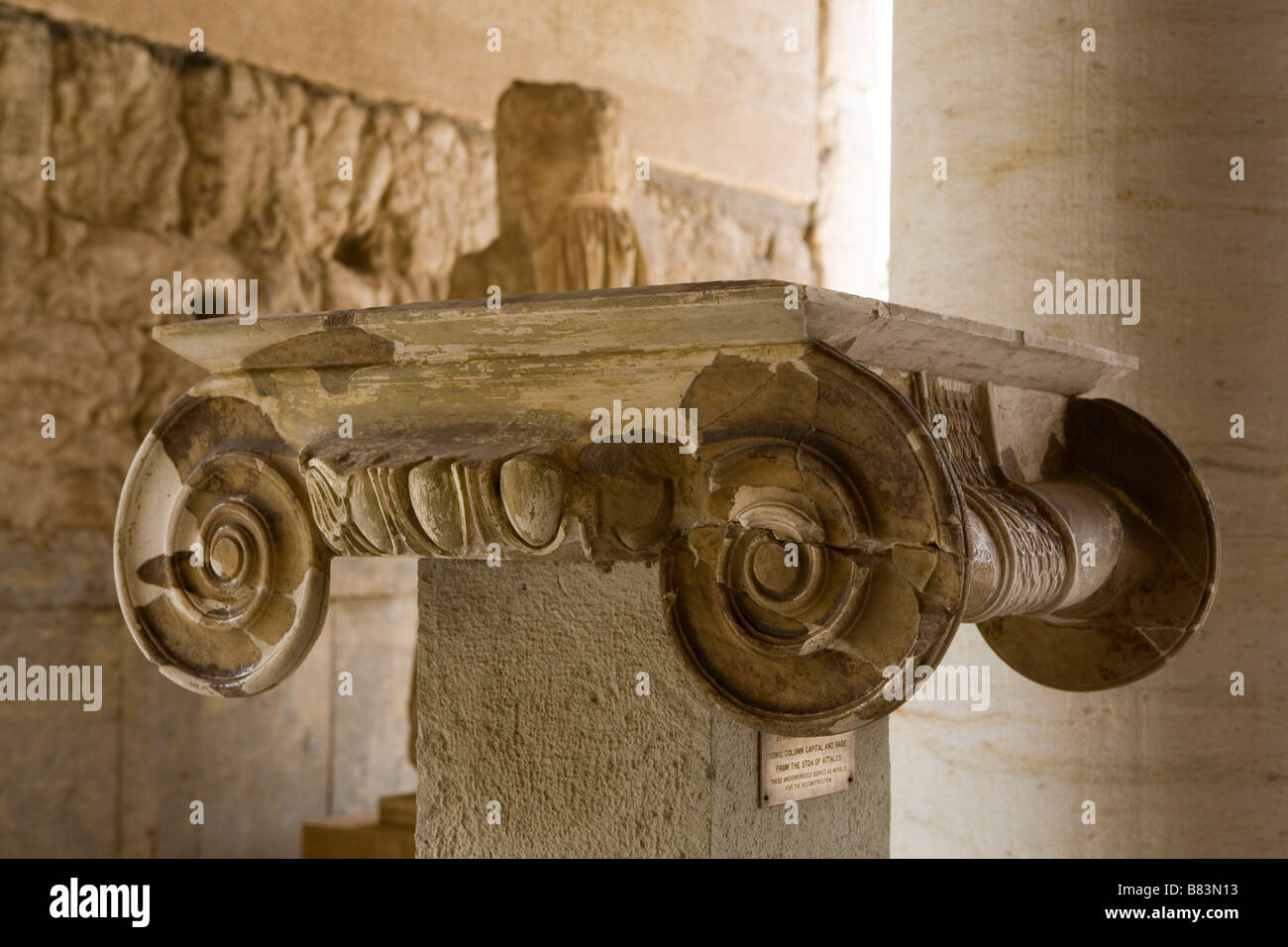 Stoa of Attalos, ionic column capitel, ancient Agora Portico of Museum, Athens, Greece, mediterranean viewpoint Stock Photo