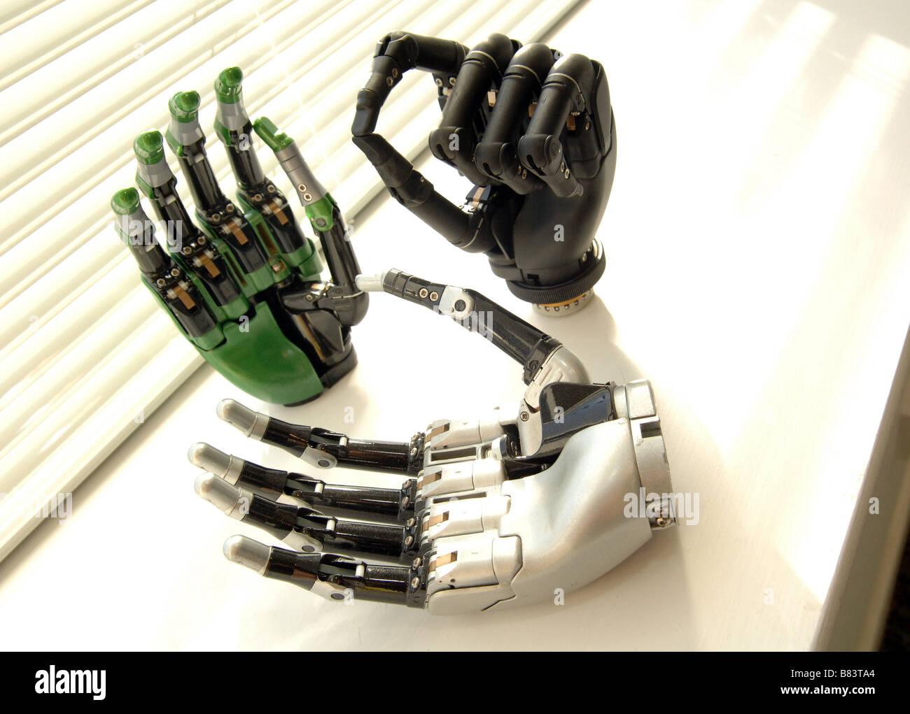 Bionic hands for amputees. Each digit can move. Stock Photo