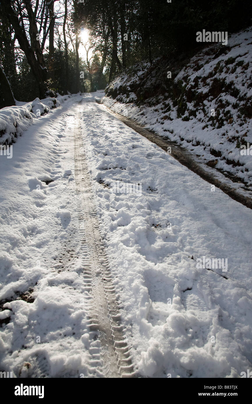 Car tyre tracks in snow on a woodland lane, Surrey, England Stock Photo ...