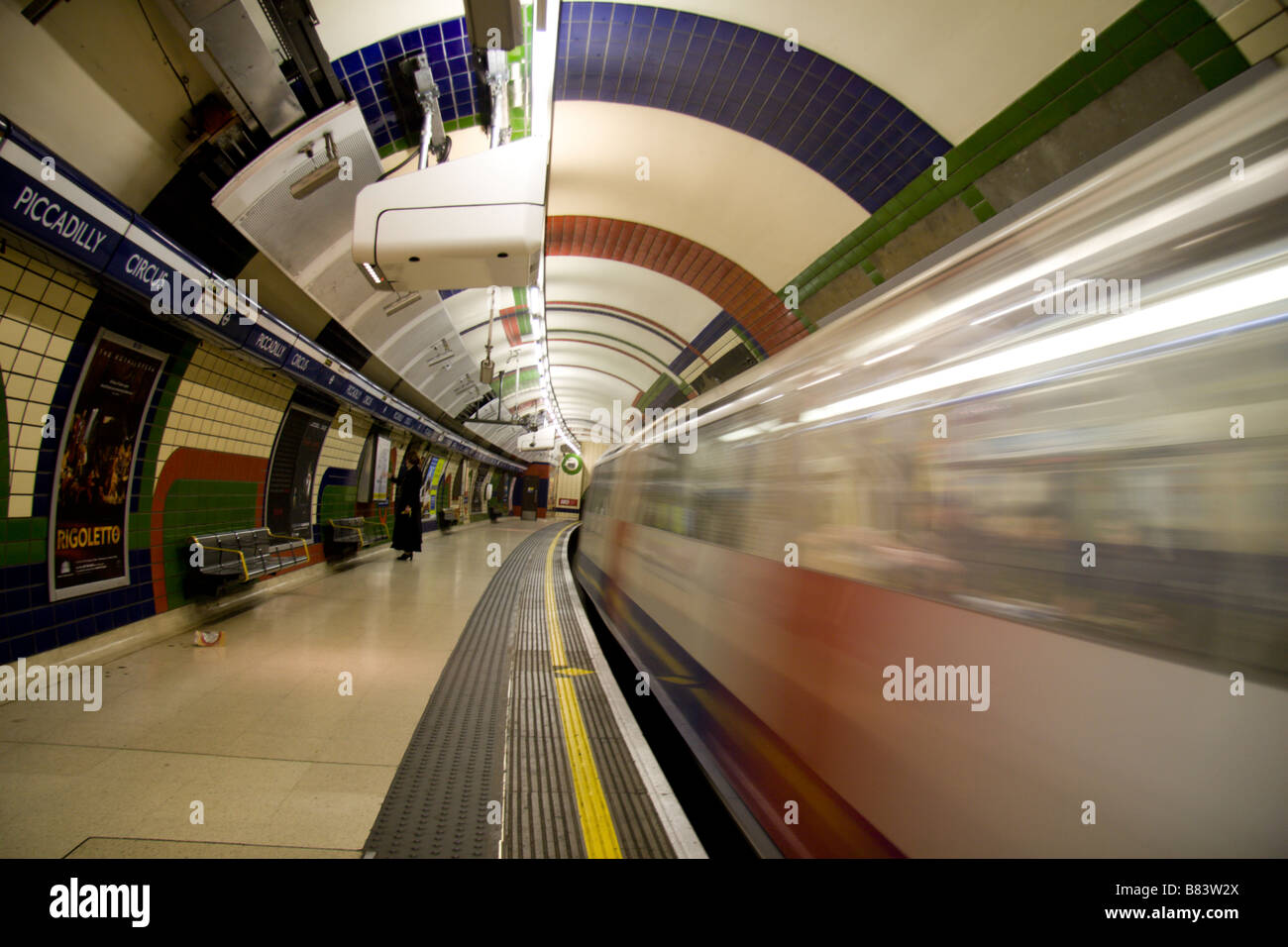 A Piccadilly line tube train arrives at the platform of Holborn Station