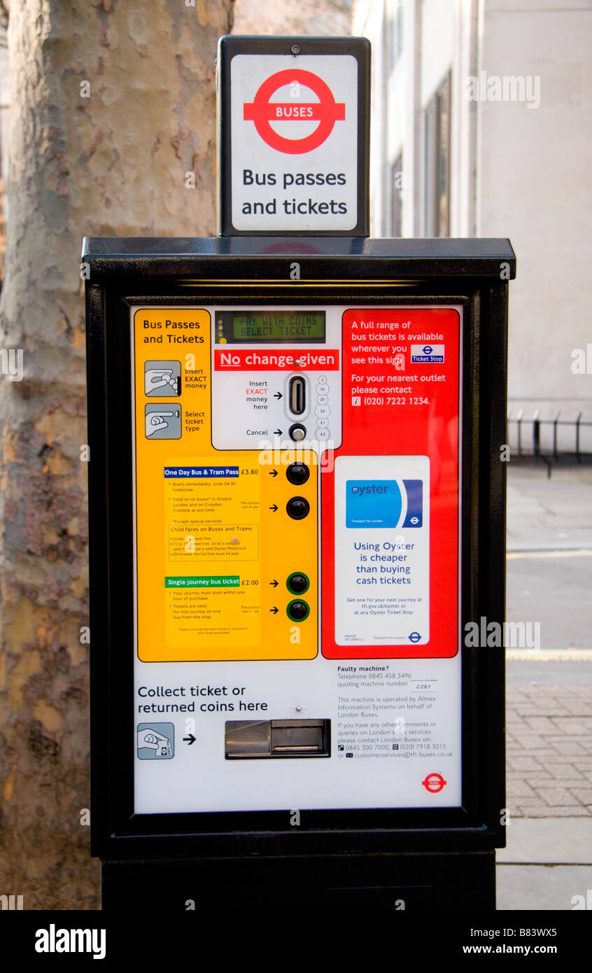 A London Bus ticket machine, a common sight beside bus stops in central London. Stock Photo