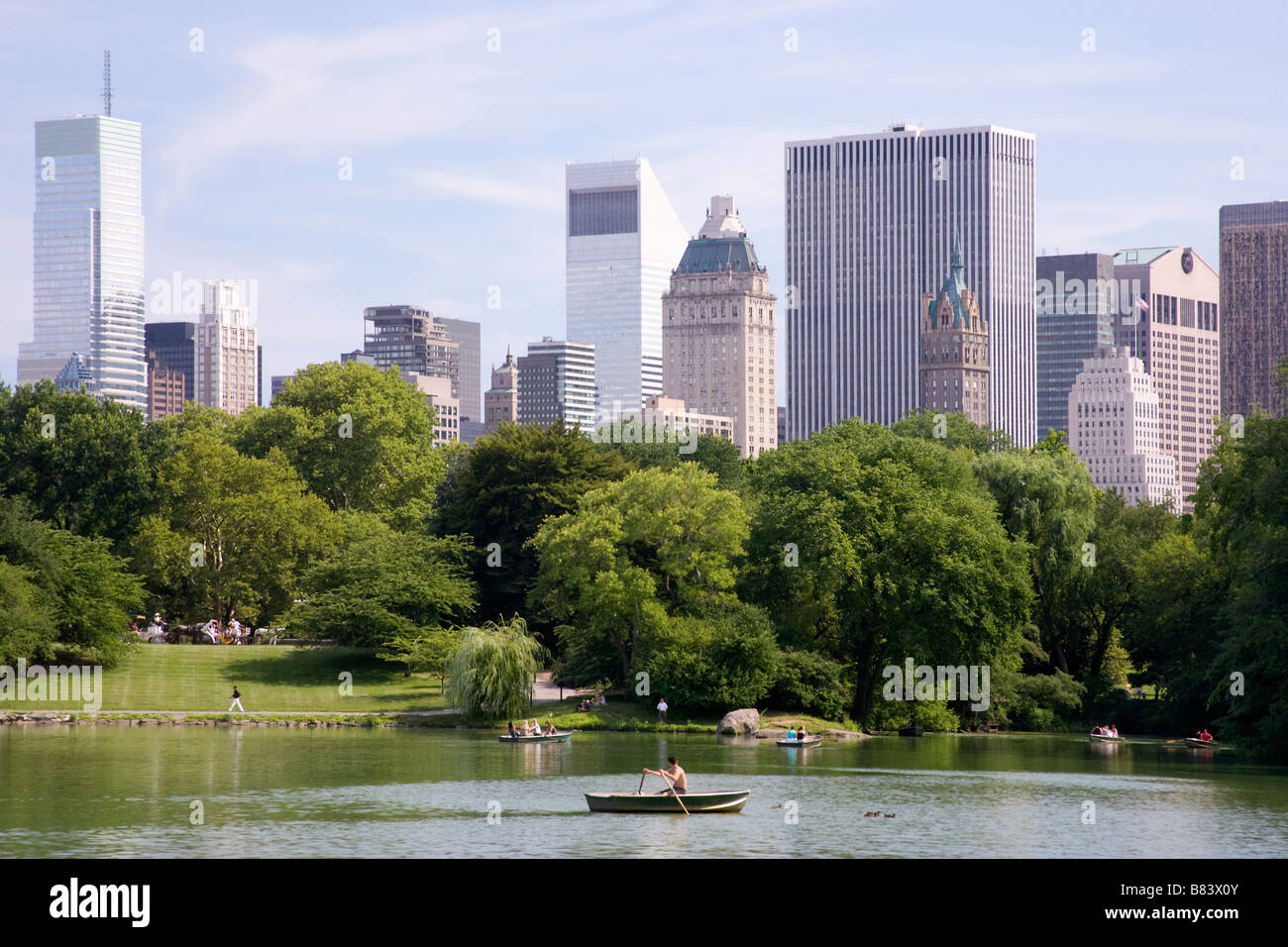 Rowboats in the lake in New York City's Central Park in the summer with