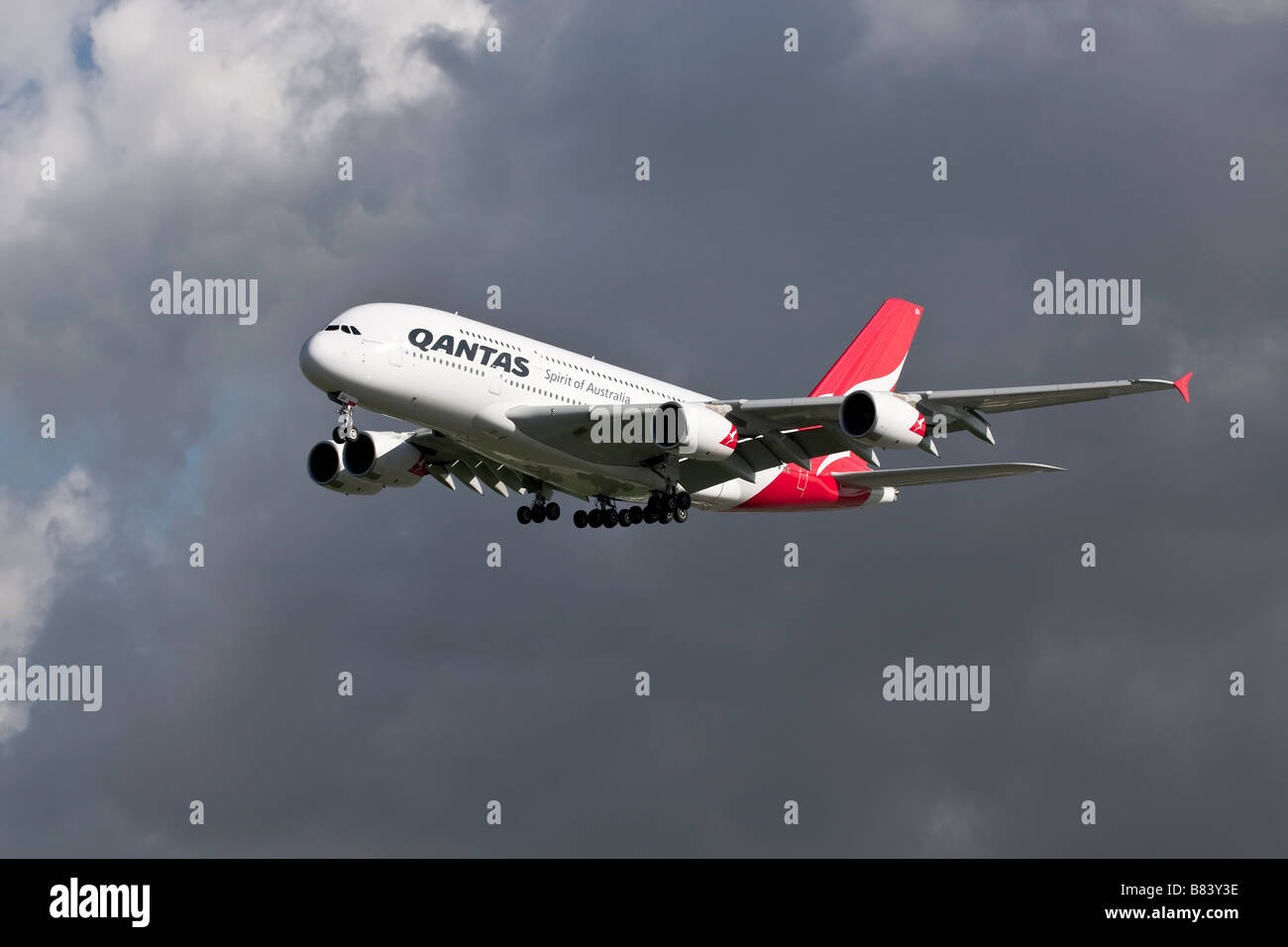 An Airbus A380 of Qantas on final approach Stock Photo