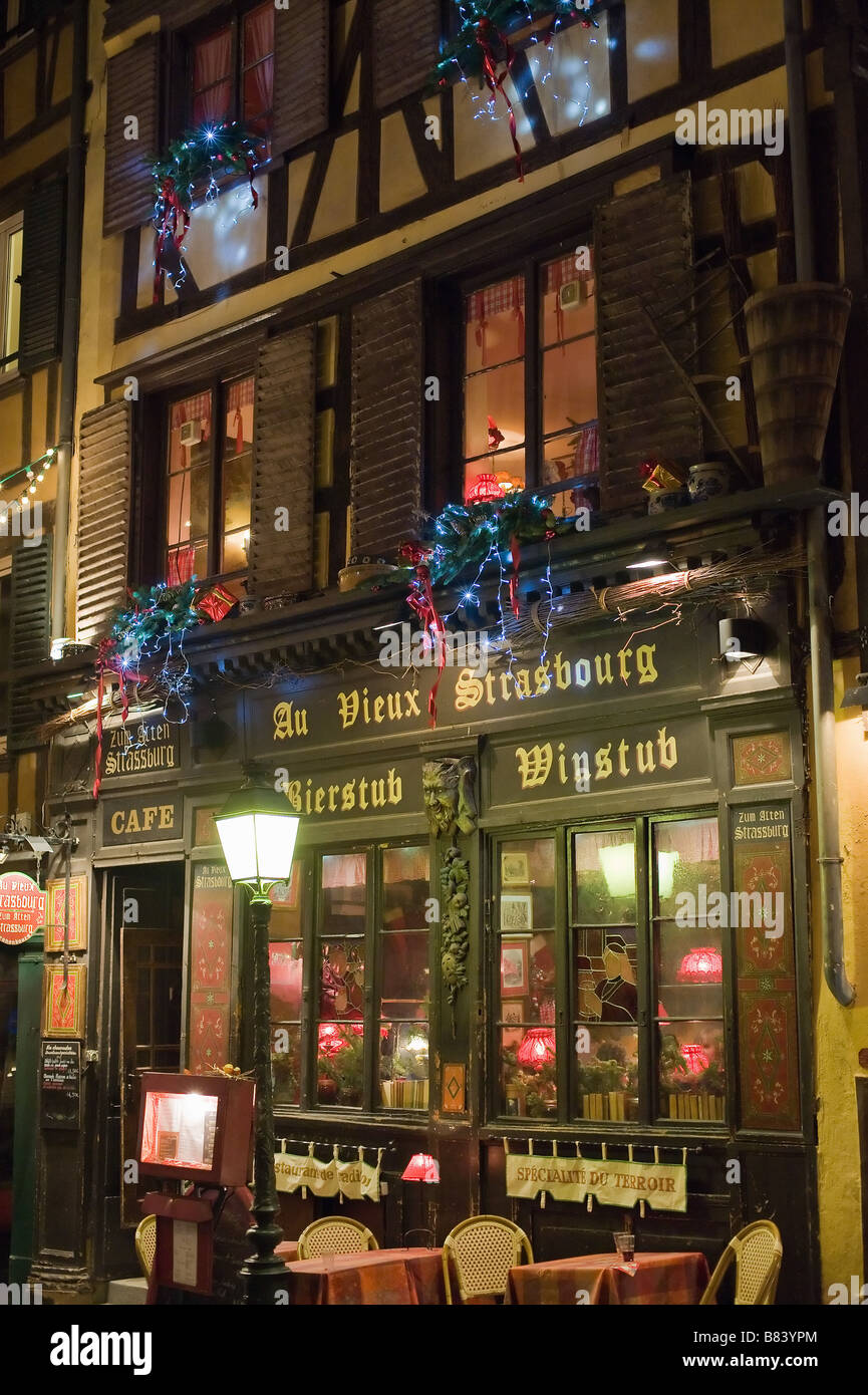 Wine and beer bar with Christmas decoration, Strasbourg, Alsace Stock