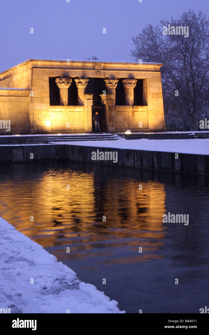 Egyptian Temple of Debod, in Madrid, covered in snow Stock Photo