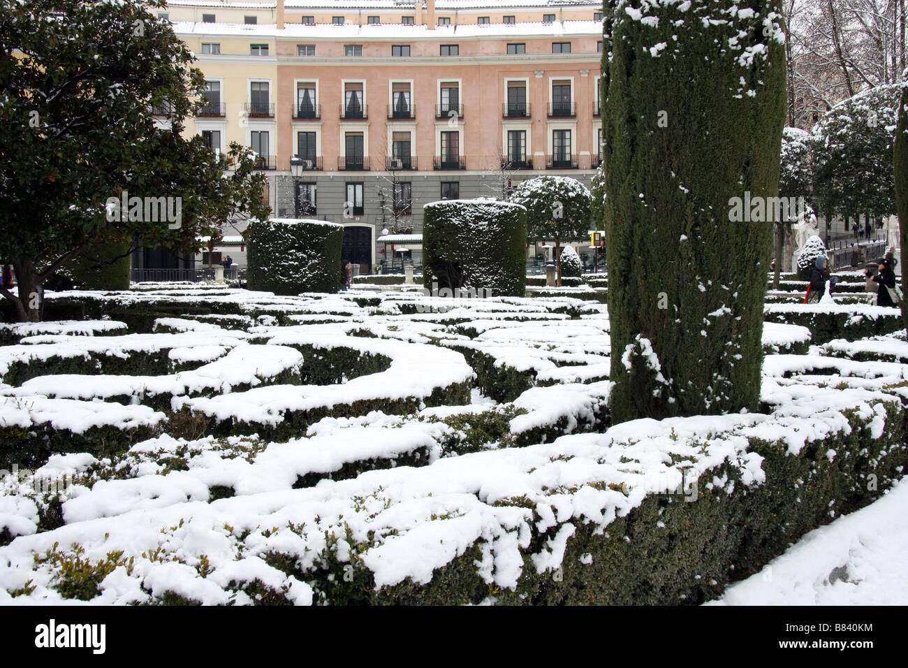 Plaza De Oriente Gardens Covered In Snow Madrid Spain Stock