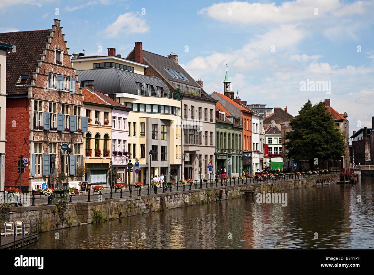 Houses and shops on river front Ghent Belgium Stock Photo