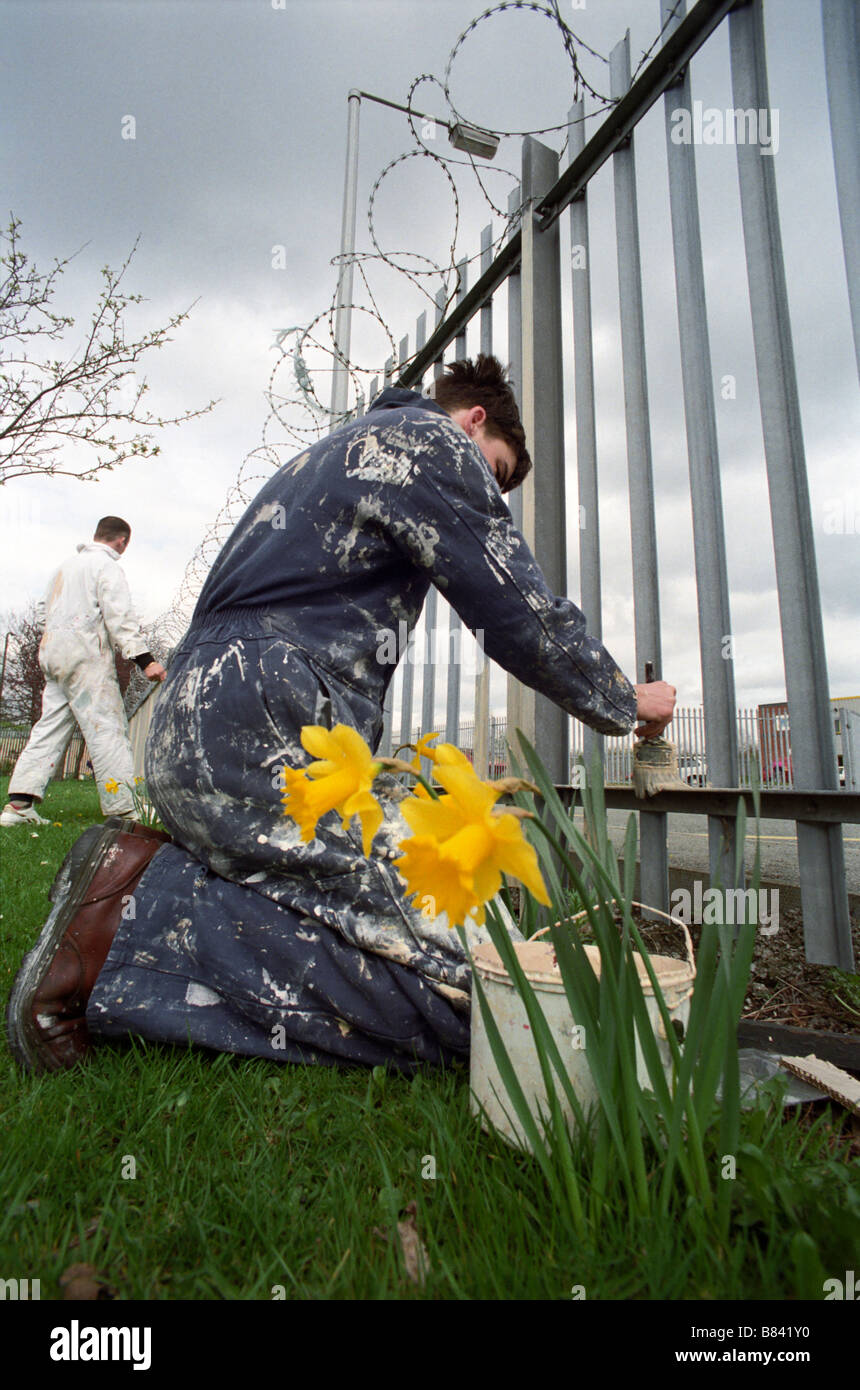Young male painting a fence as part of a community punishment order Stock Photo