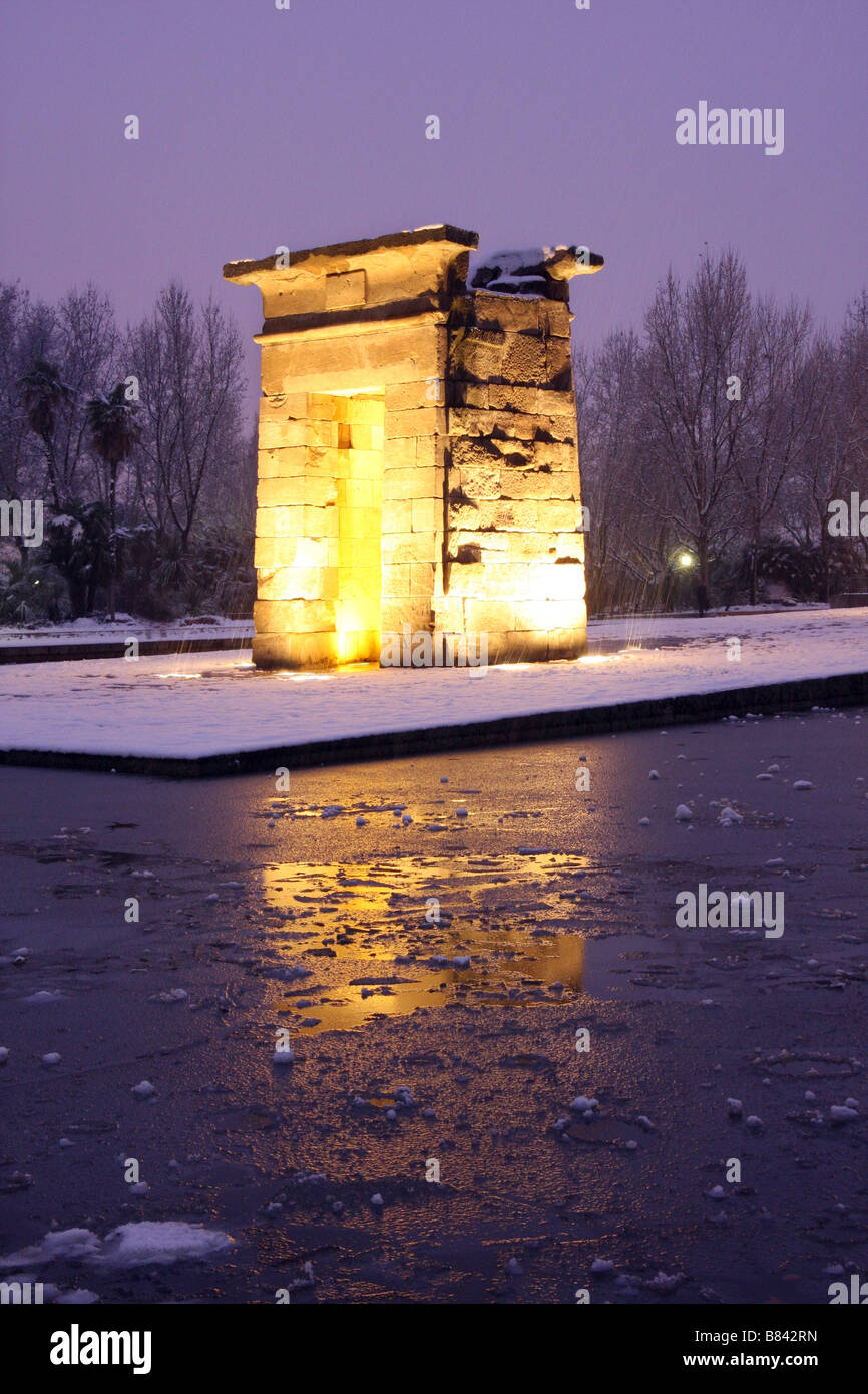 Egyptian Temple of Debod, in Madrid, covered in snow Stock Photo
