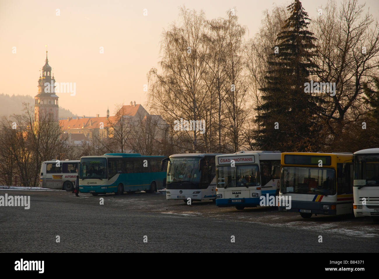 Autobusove nadrazi the long distance bus station with Round Tower in the background in Cesky Krumlov Czech Republic Europe Stock Photo