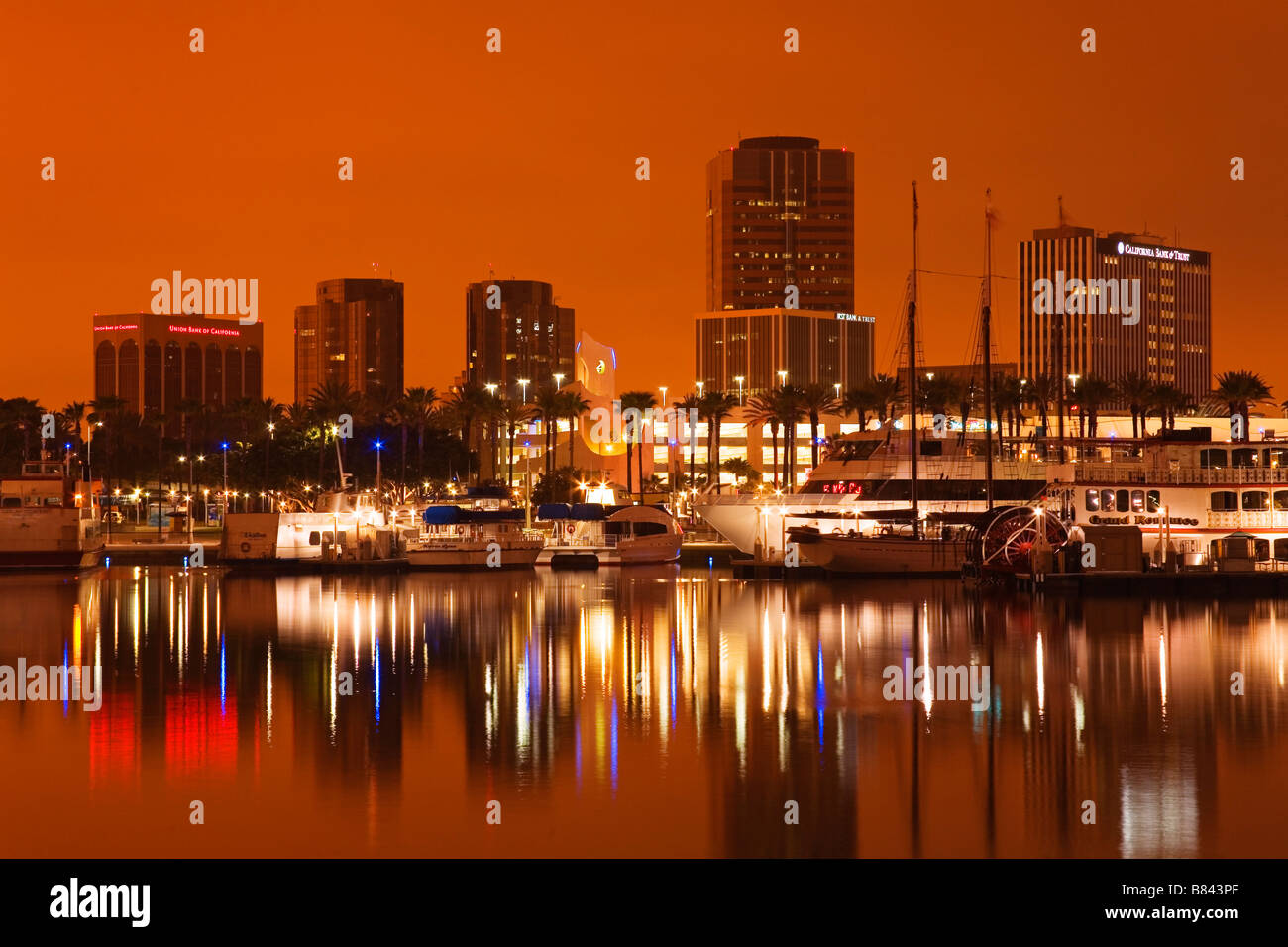 Rainbow Harbor and skyline, Long Beach City, Los Angeles, California, USA Stock Photo