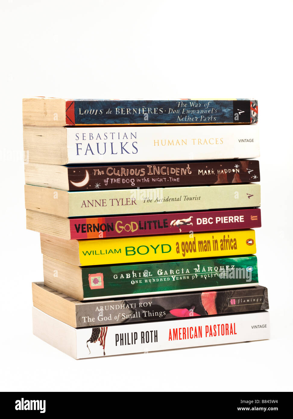 Studio shot of stack of books, literary fiction novels on white background cut out isolated Stock Photo