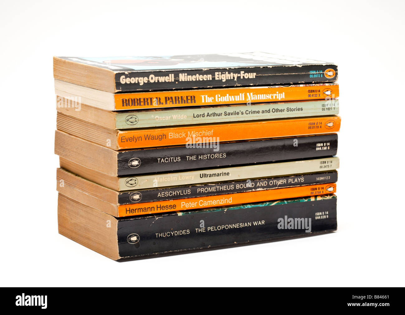Stack of old Penguin classic novels books on white Stock Photo