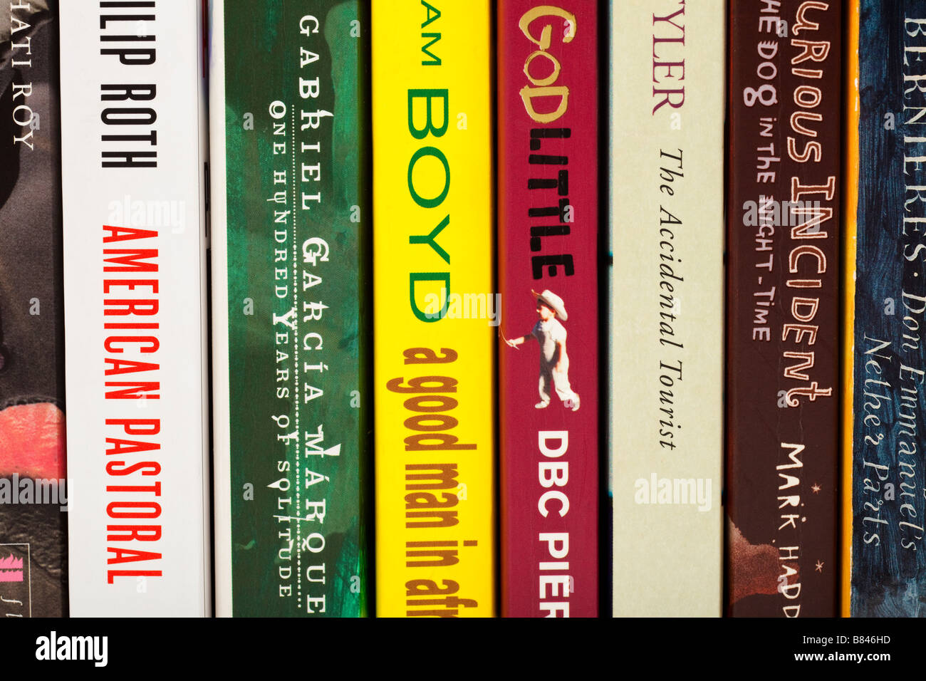 Close up row showing the spines of literary fiction books novels Stock Photo