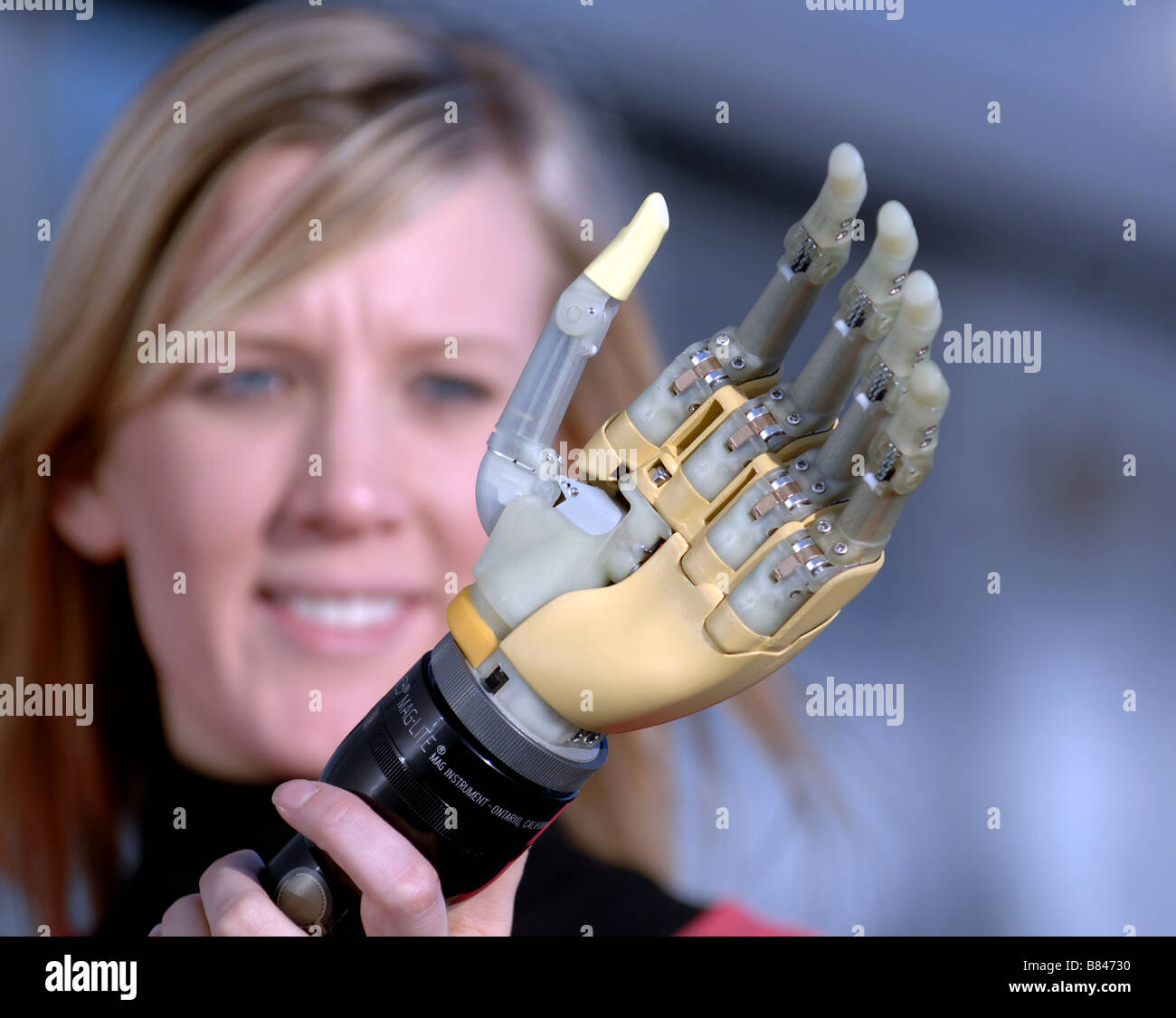 Bionic hands for amputees. Each digit can move. Stock Photo