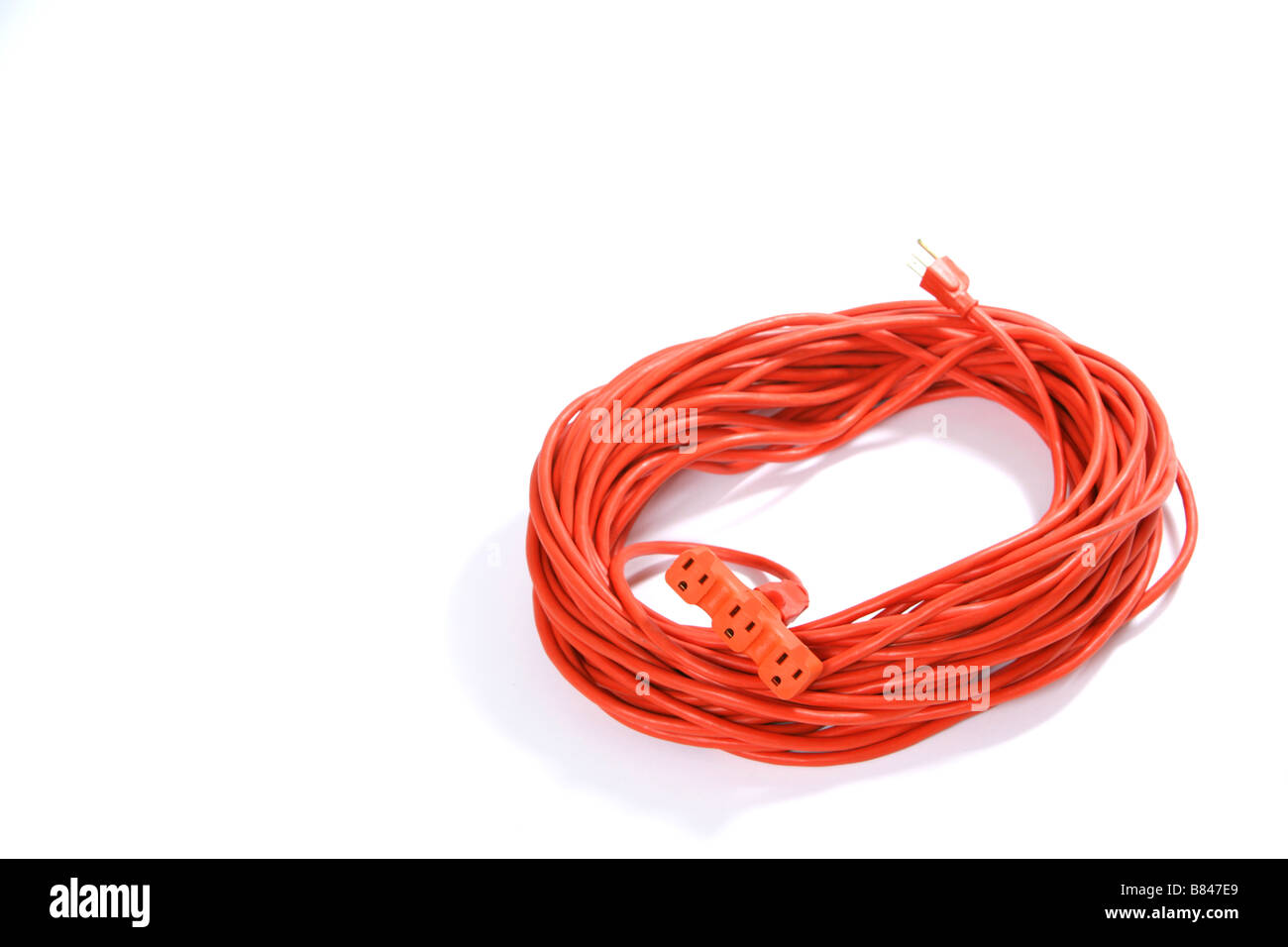 A 100 foot orange extension cord coiled up with a three way splitter