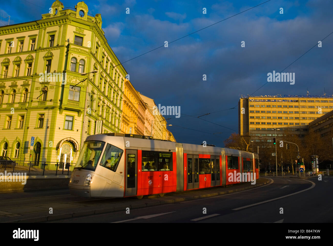 Tram number 9 in Seifertova street in Zizkov district of Prague Czech Republic Europe Stock Photo