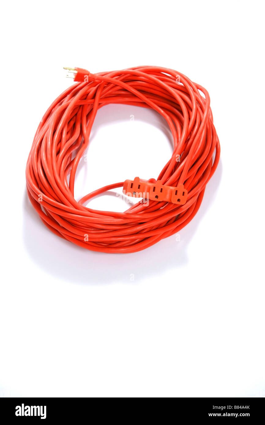 A 100 foot orange extension cord coiled up with a three way splitter