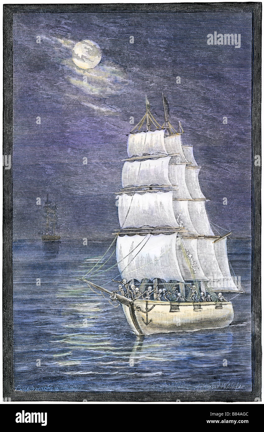 Skeletons sailing a phantom ship. Hand-colored woodcut Stock Photo