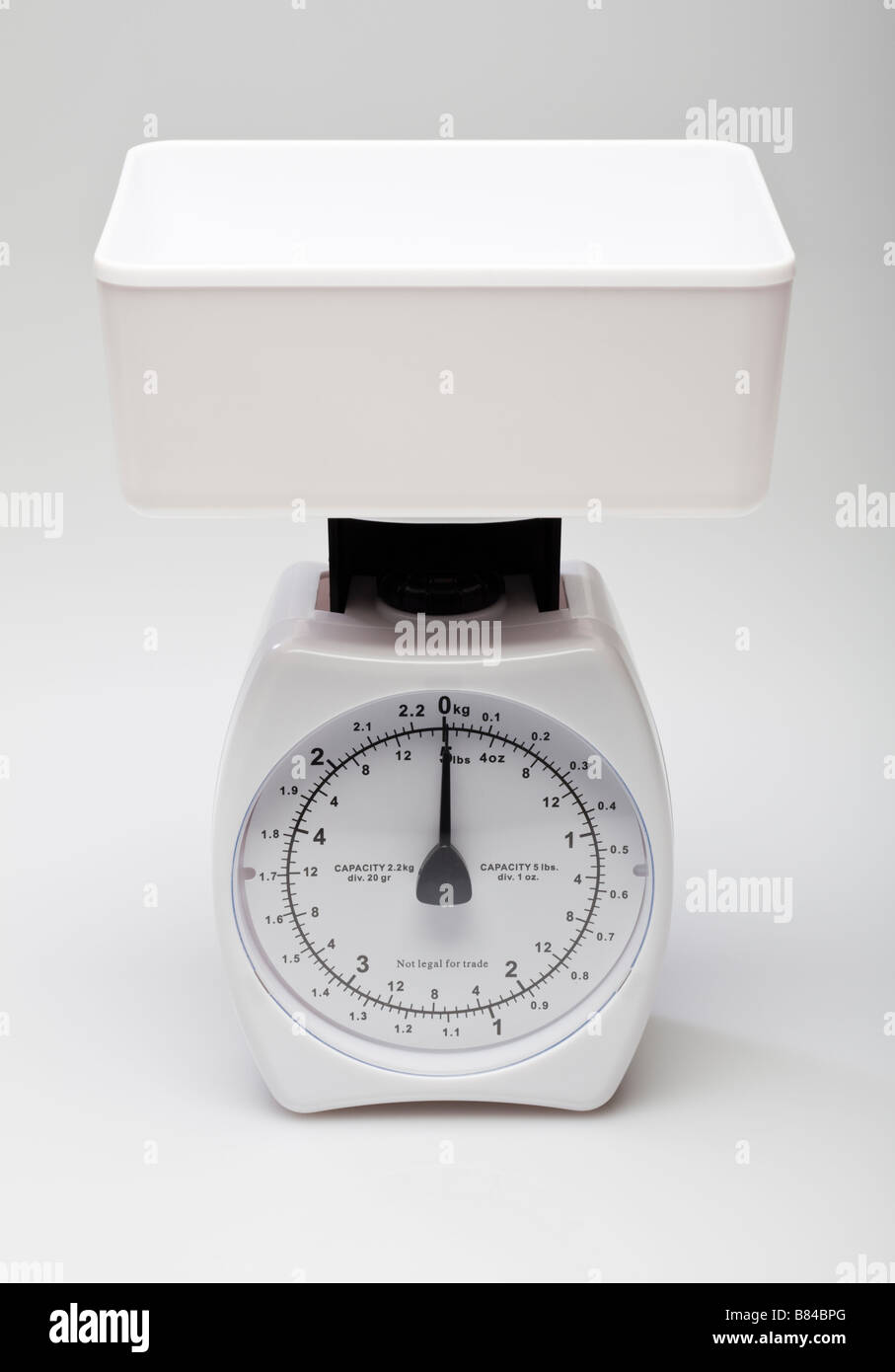 White plastic kitchen scales on white Stock Photo