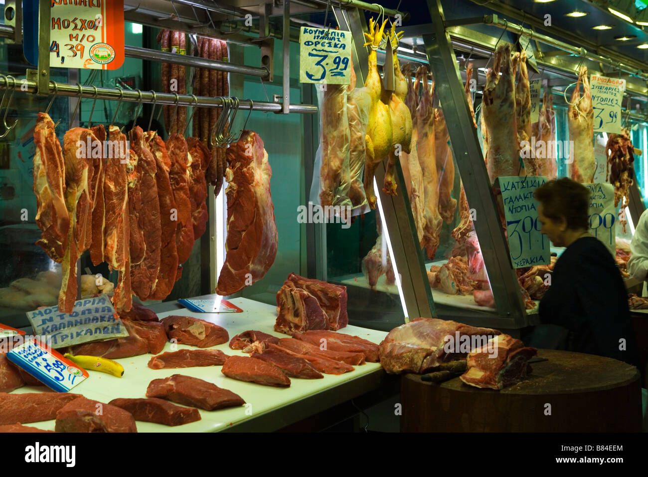 Central Market in Athens, Greece, meat meaty market; Mediterranean