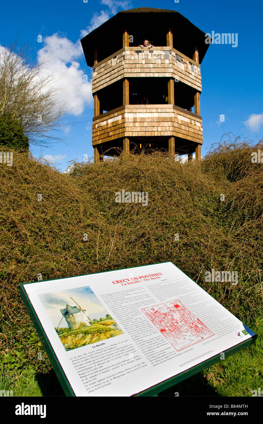 Observation tower built on the site of the windmill used as a look out post by Edward III at the Battle of Crecy Somme France Stock Photo