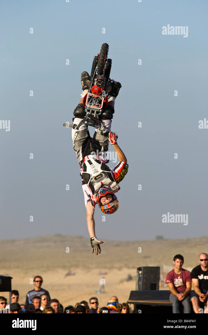 Big air festival in Hossegor back flip whith a mini bike France Stock Photo