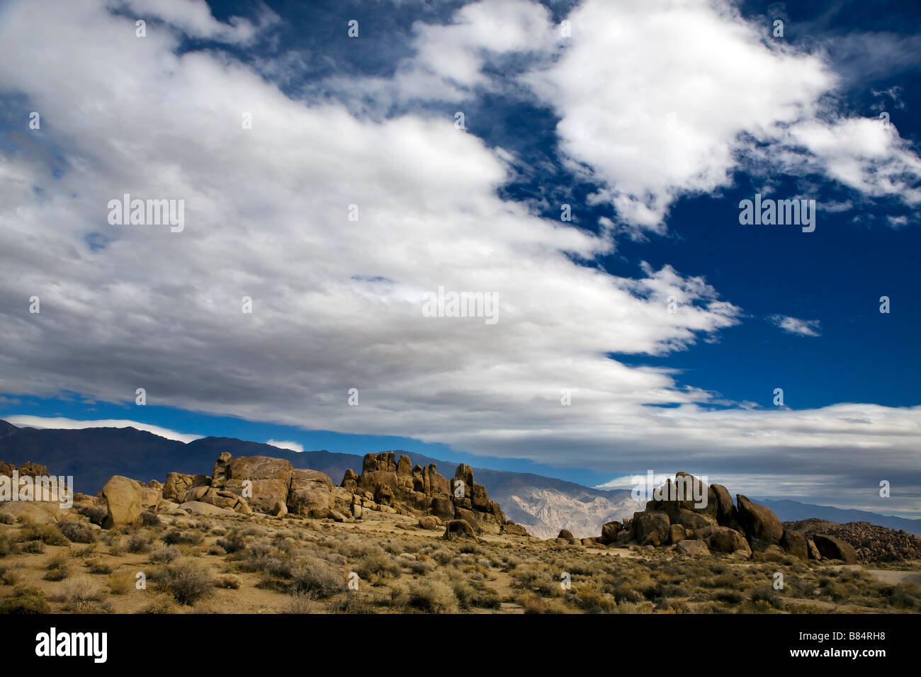 Landscape with white clouds and blue sky Alabama Hills Recreation Lands Lone Pine California Stock Photo