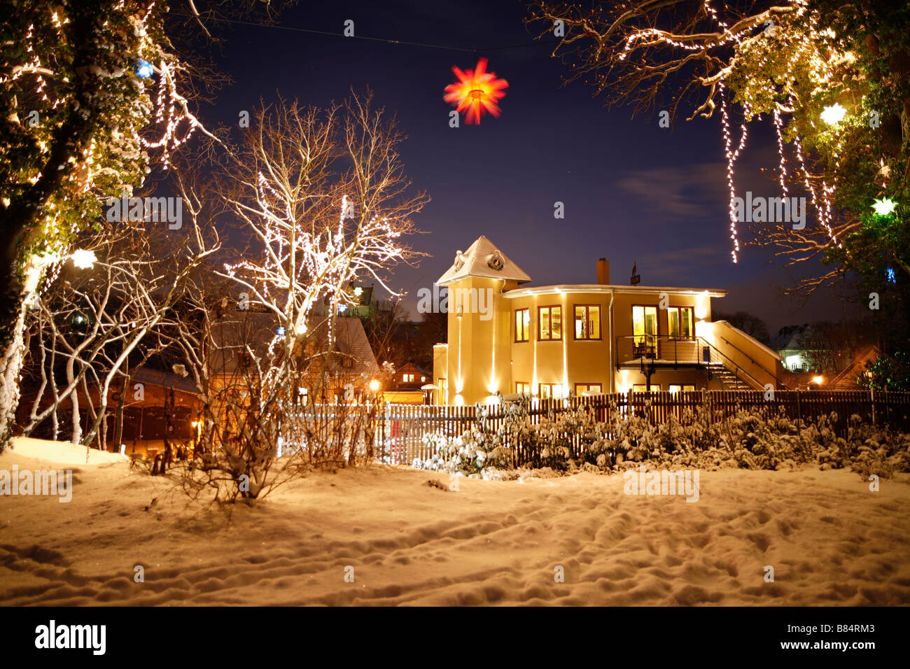 christmas illumination outside of the restaurant Objekt 5 in Halle (Saale), Germany Stock Photo