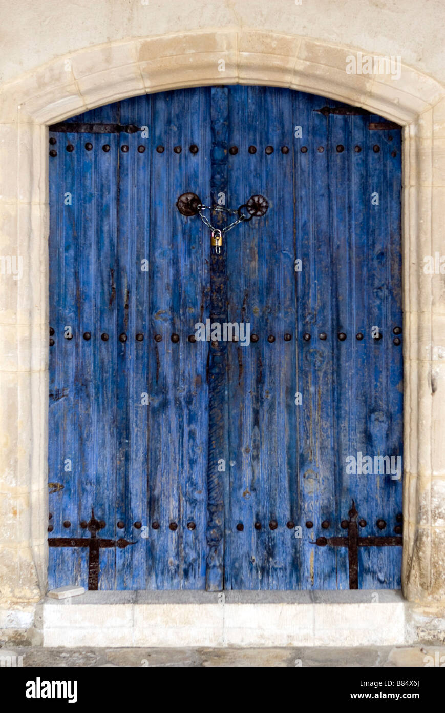Azure wooden door shut in Omodhos village, Troodos mountains, South Cyprus Stock Photo