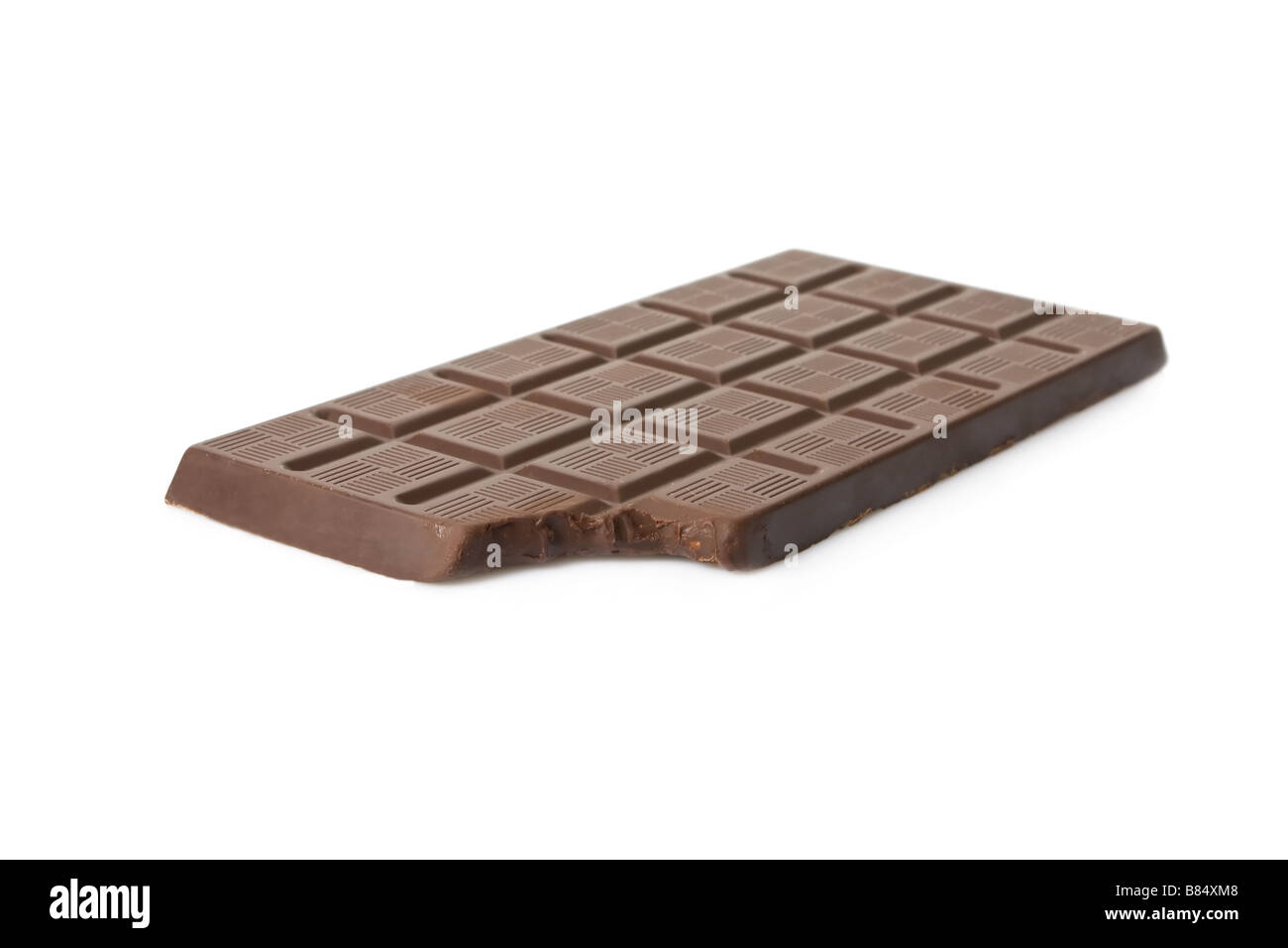 Bitten dark chocolate bar isolated on white background Stock Photo