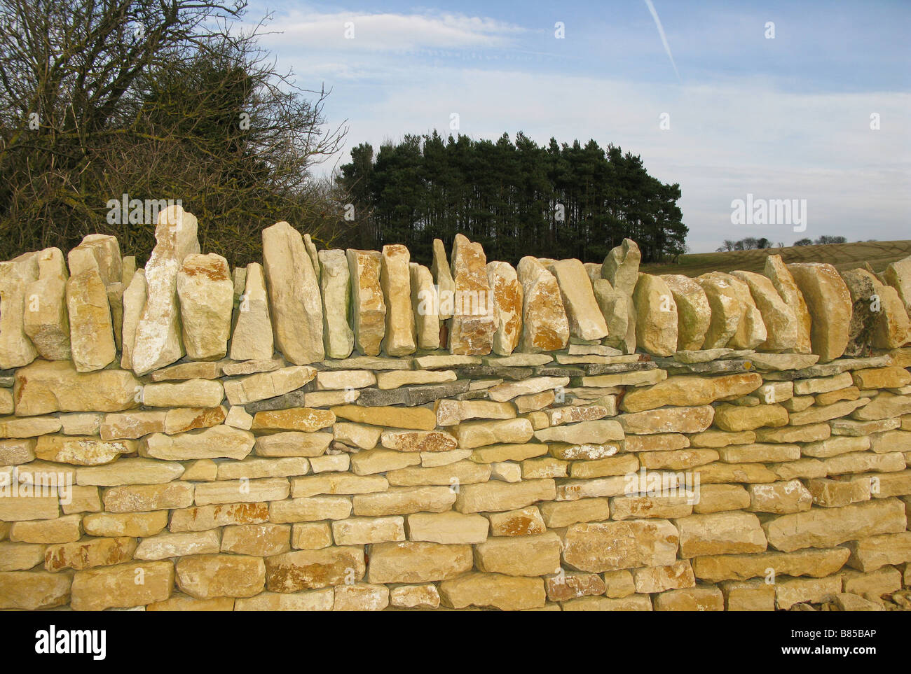 Dry stone wall, Cotswold stone, Worcestershire, England, UK Stock Photo