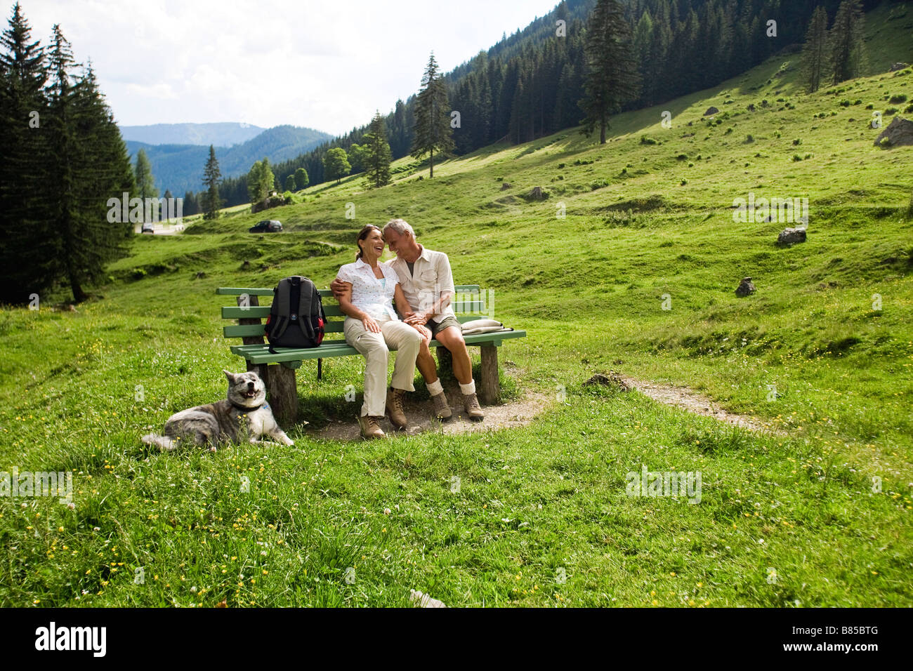 full body portrait of mature couple with dog sitting on bench in the ...