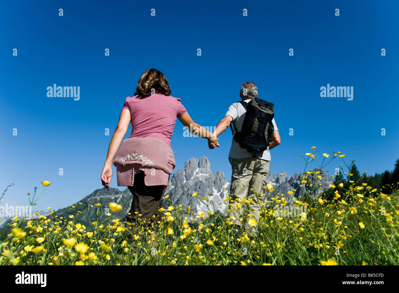rear view of mature couple walking hand in hand in the mountains Stock ...