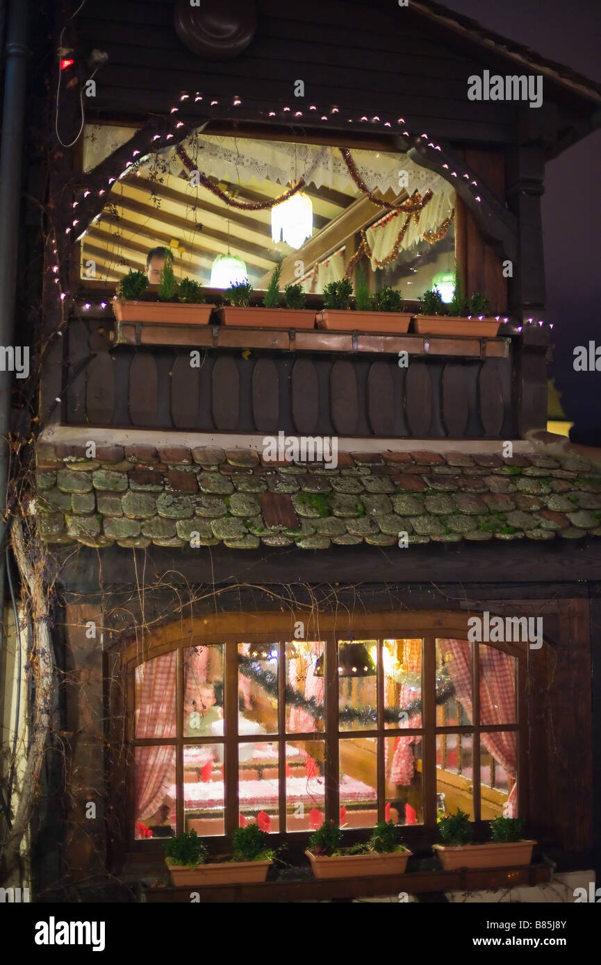 Restaurant windows at night, La Petite France district, Strasbourg, Alsace, France Stock Photo