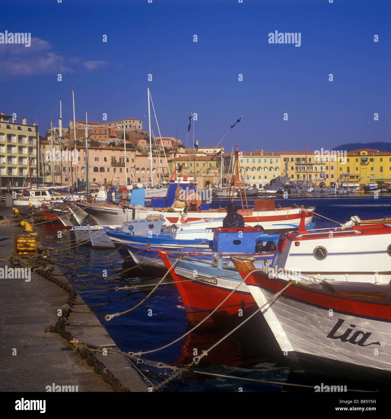 Colourful Fishing Boat Harbour In Portoferraio, The Largest City And 