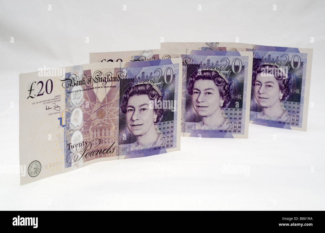 Bank of England three twenty pound notes.  Editorial use only Stock Photo
