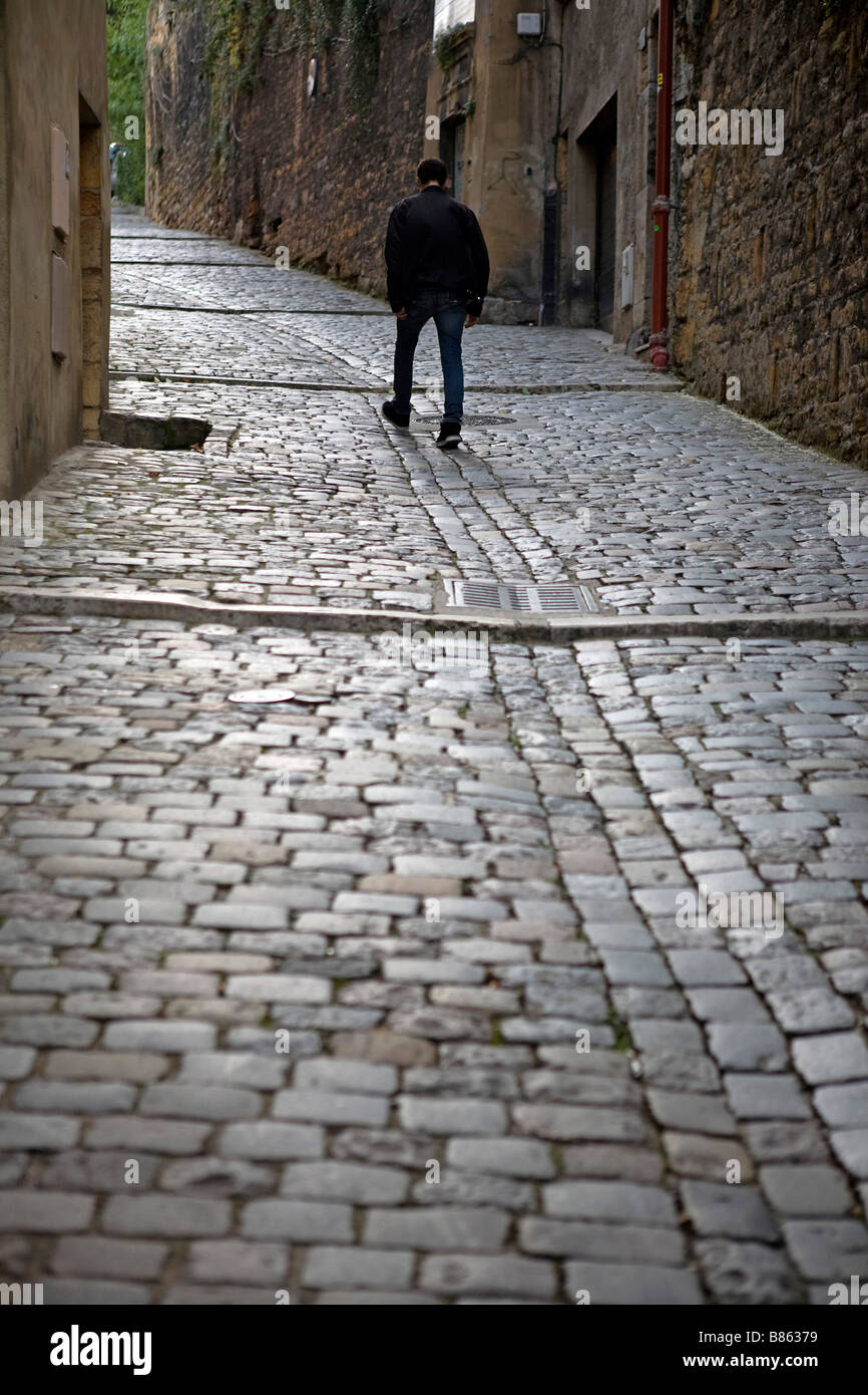 Montee du Gourguillon an old cobblestones street leading to the Fourviere Hill from the old part of town called the Vieux Lyon Stock Photo