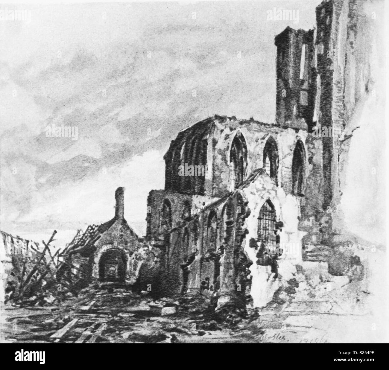 Drawing by Hitler, Ruins of a cloister in Messines, in the Flanders ...