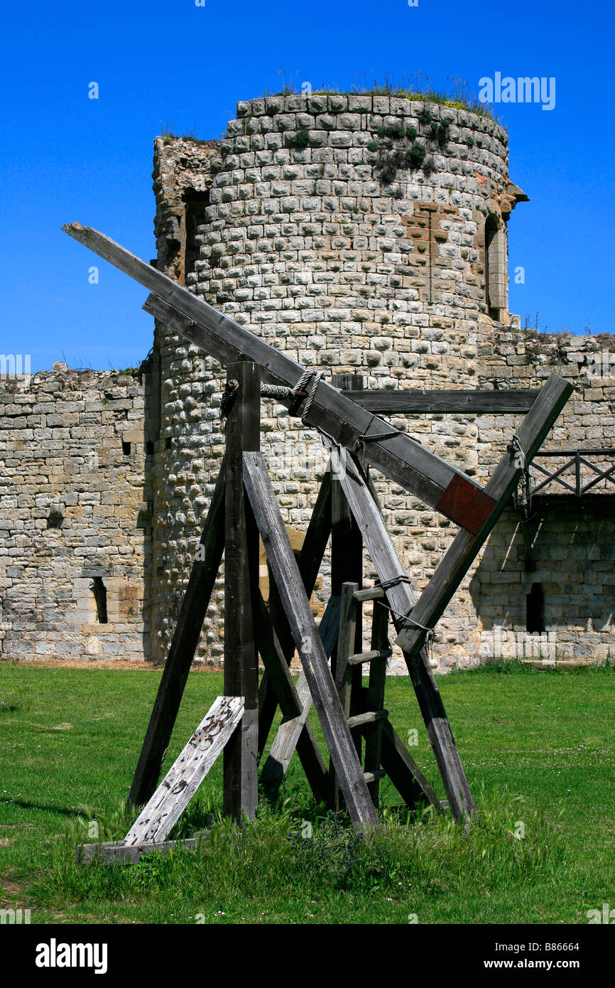 Medieval catapult at the castle of Puivert in Aude, France Stock Photo