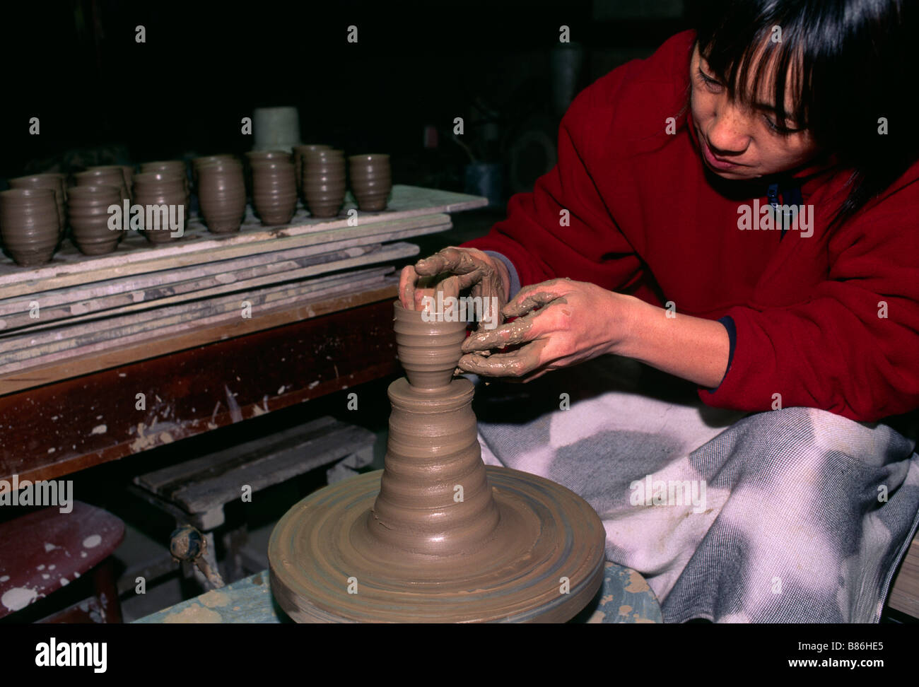 Japan, Tochigi prefecture, Mashiko, pottery workshop, potter's wheel Stock Photo