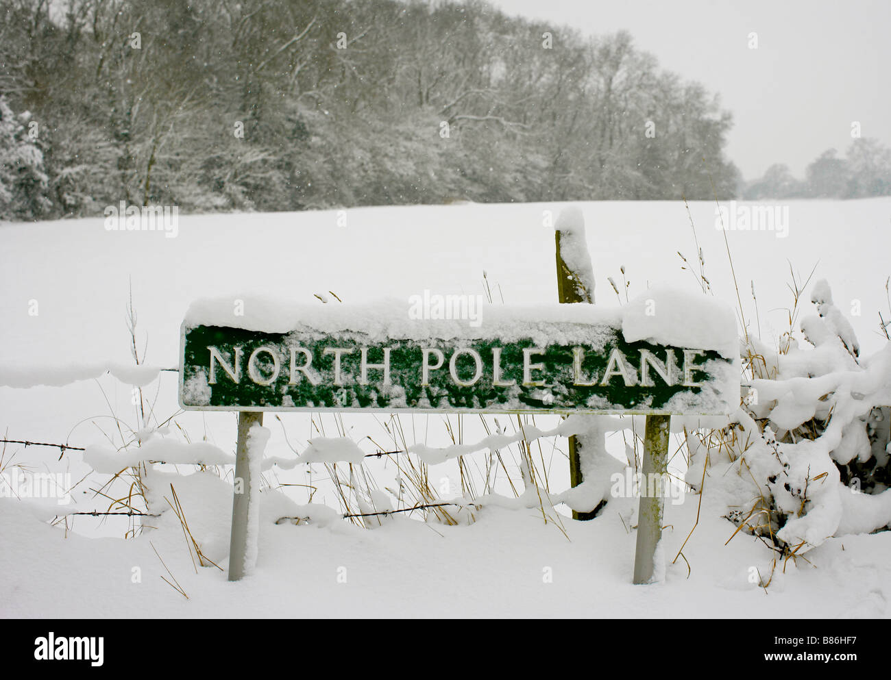 A snow covered road sign 'North Pole Lane' in Keston, Greater London, after the heaviest snowfall in 18 years. Stock Photo
