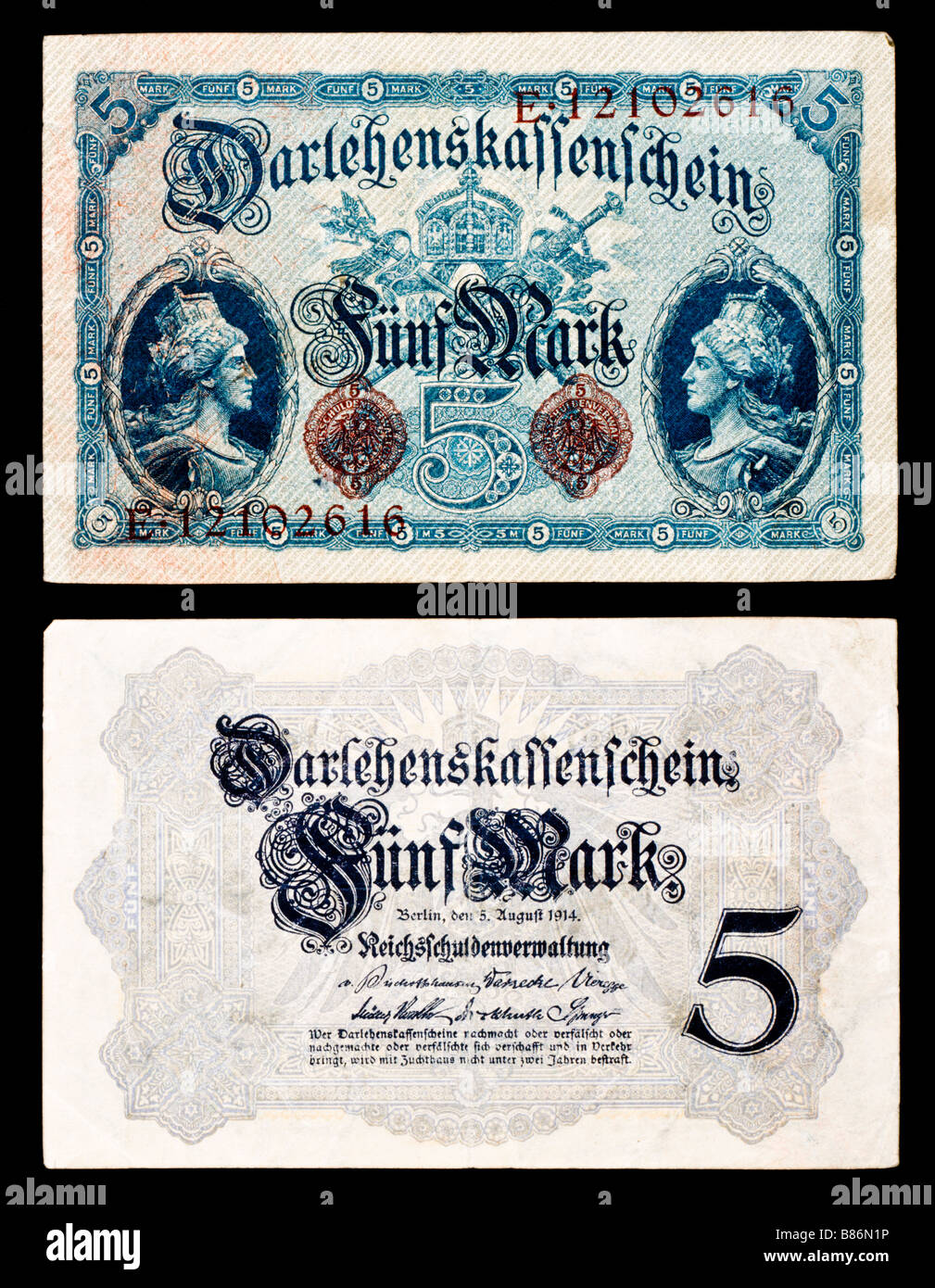 German Banknote - 5 Marks. Dated 5th August 1914 Stock Photo