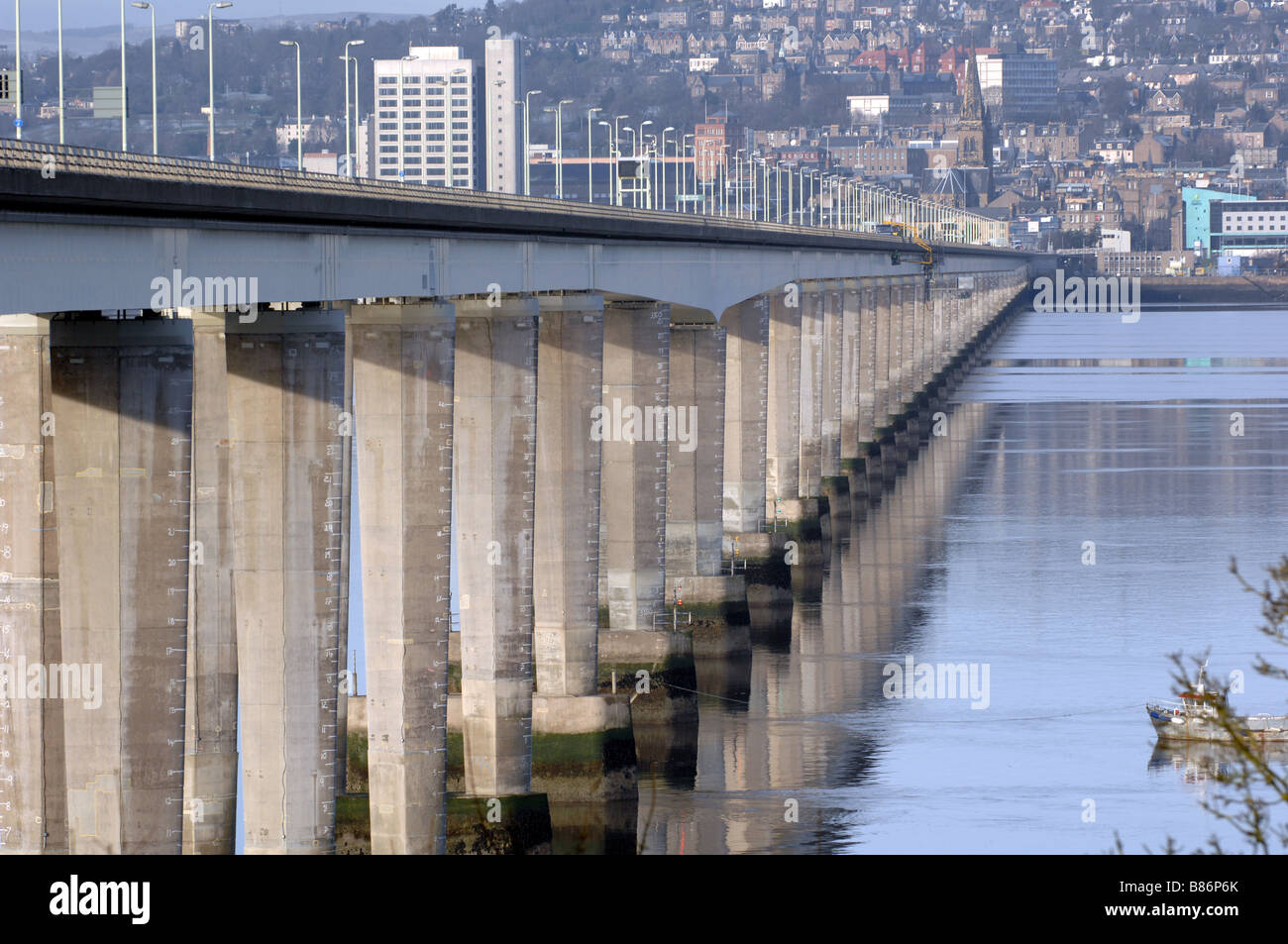 The Tay Bridge across the Tay river into Dundee City in Scotland. Stock Photo