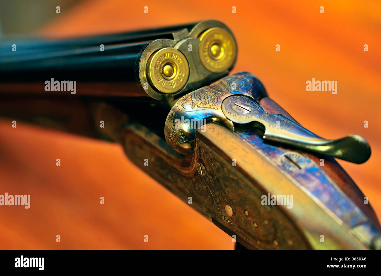 Close up of 20 Gauge side by side Shotgun Stock Photo