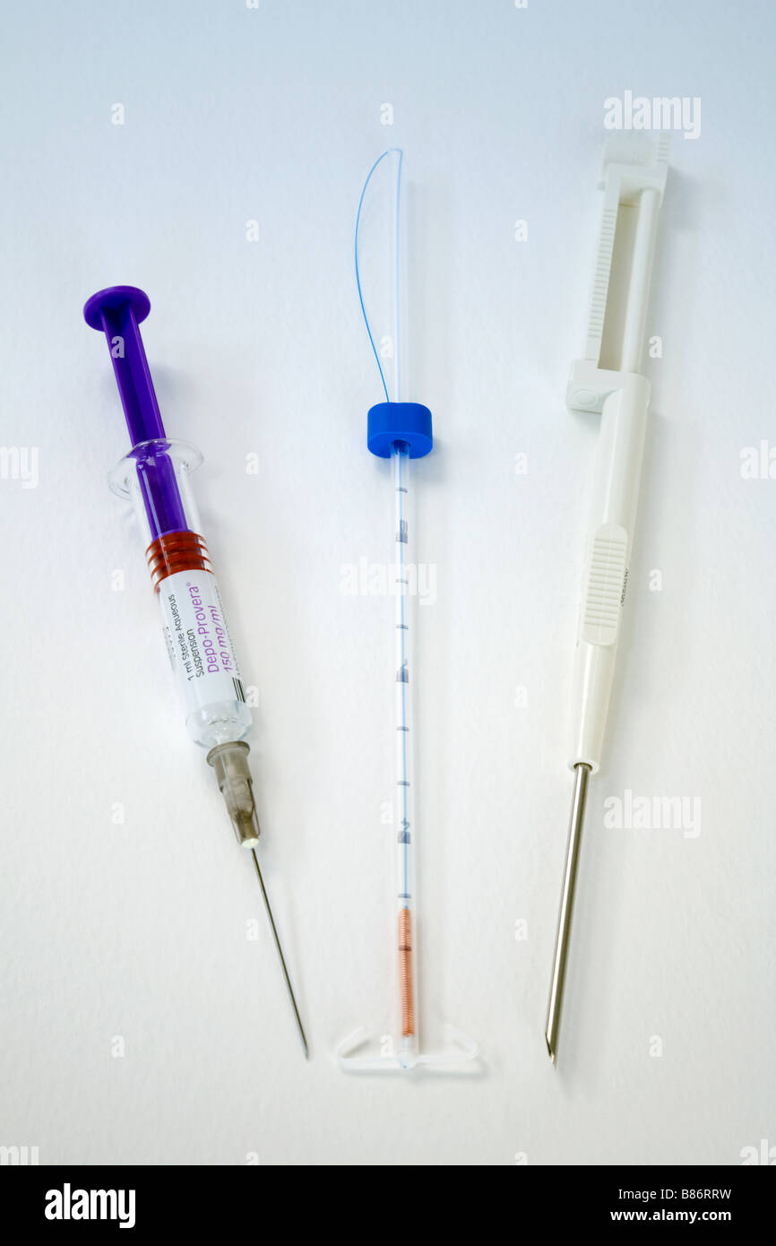 Depo-provera injection, a copper intra-uterine device, and an Implanon implant all used for long-term female contraception Stock Photo