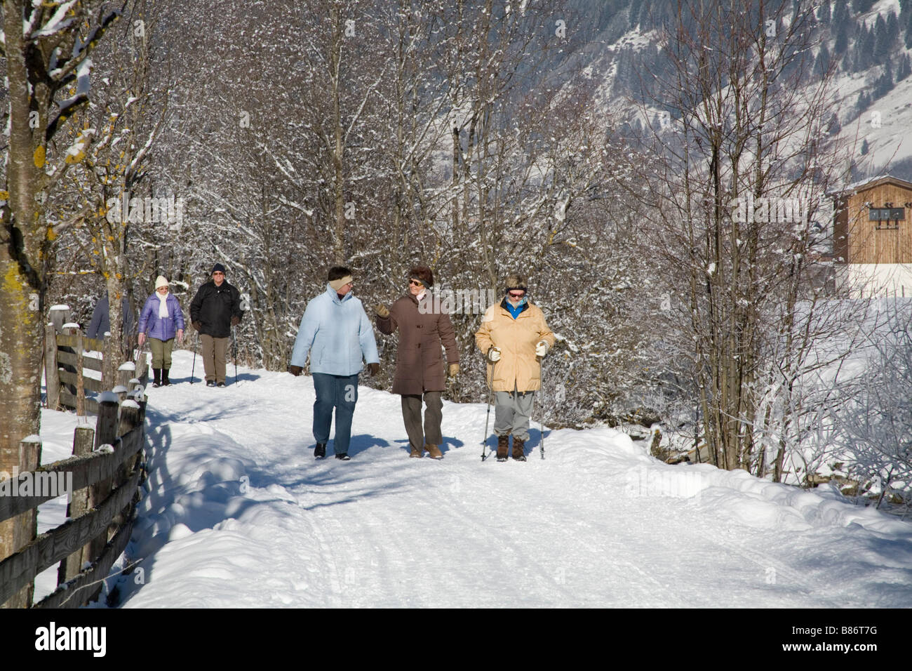 Pinzgau Region Austria EU January Four women and a man walking along a Winterwanderweg a cleared walking path Stock Photo