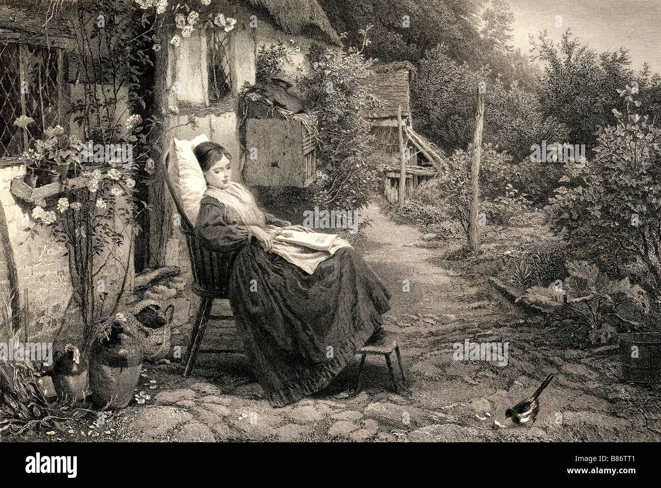 19th C Myles Birket Foster engraving The Convalescent a sick woman sitting in a garden chair outside the front door house England UK  KATHY DEWITT Stock Photo