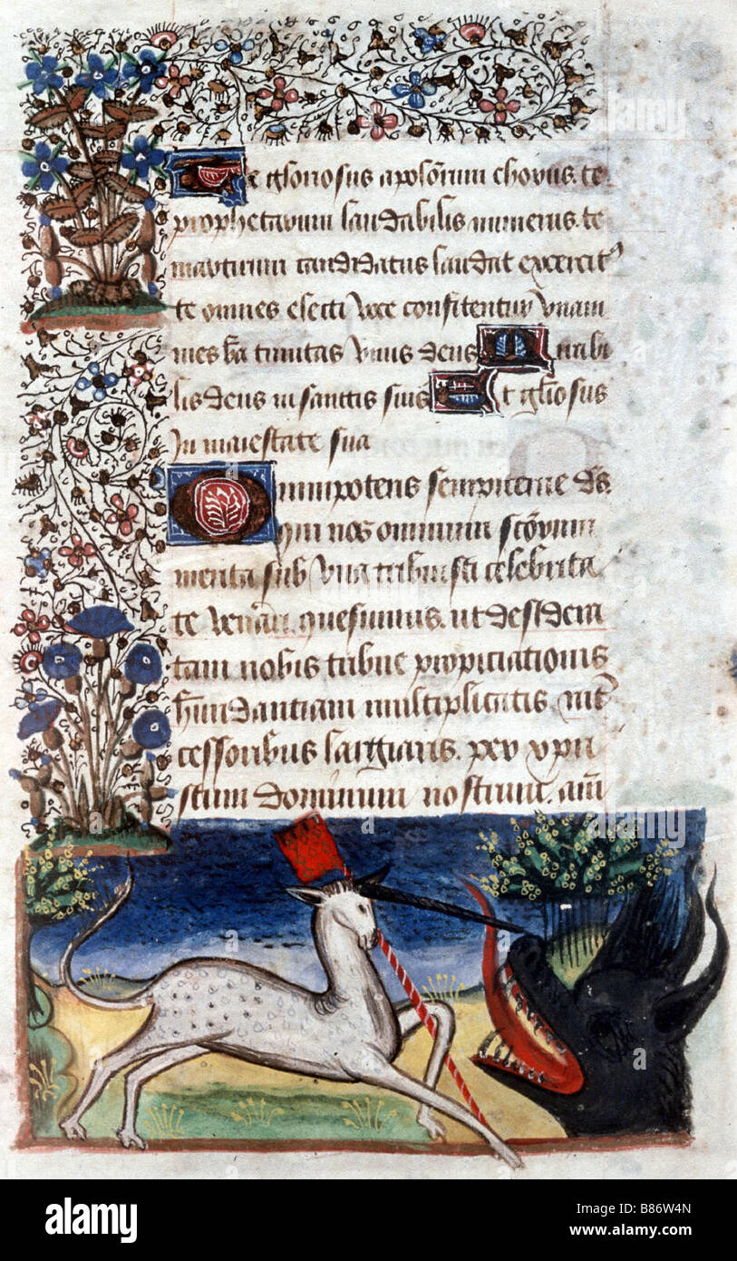Manuscript of the Hours of Rohan-Montauban: Unicorn with a dogvane keeping a monster at bay Stock Photo