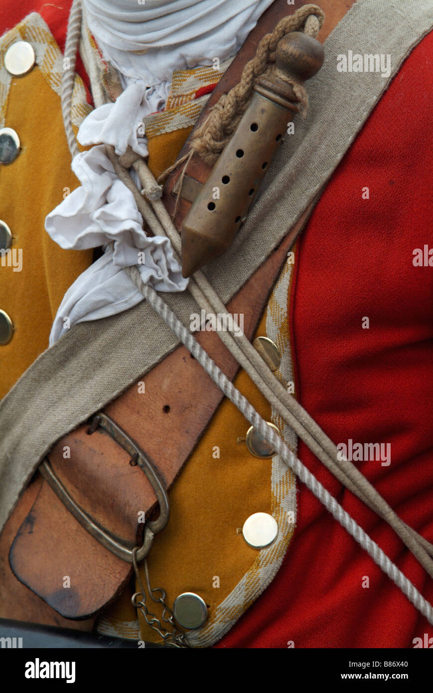 Close-up of the slow-match brass tube worn by a Grenadier at the 2008 re-enactment of the Battle of Prestonpans Stock Photo